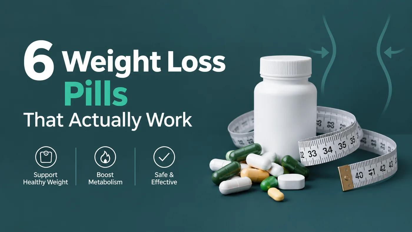A pill bottle, assorted weight loss capsules, and a measuring tape